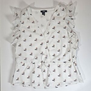 Paige Womens Top Large White Orange Rose Bud‎ Hibiscus Fall Cottagecore Blouse